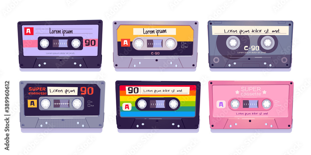 Obraz premium Audio cassettes, retro tapes, media storage for music and sound isolated on white background. Vintage style analog hipster devices, mixtapes of eighties ages culture. Cartoon vector illustration, set
