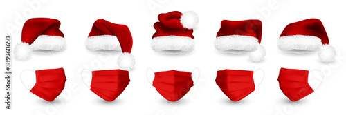 Red Santa Claus hat and medical face mask for Christmas holidays. Gradient mesh details 3d medical mask and Santa Claus hat. Vector illustration