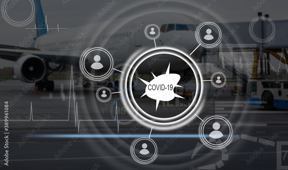 Digital illustration of a plane starting, with data processing, business and distribution during the Coronavirus Covid-19 pandemic