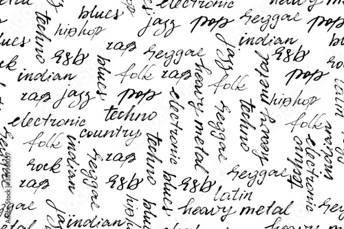 Black and white seamless pattern. Genre of music. Handwritten text. Monochrome texture. There is a swatch in the panel, not cropped