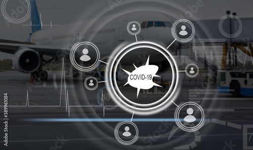 Digital illustration of a plane starting, with data processing, business and distribution during the Coronavirus Covid-19 pandemic