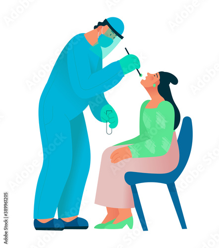 Healthcare worker with protective equipment performs coronavirus swab on Caucasian woman. Buccal swab probe. Coronavirus testing. Flat cartoon vector illustration.
