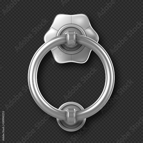 Realistic door knocker, silver handle, ring knob, vintage metal doorknob, shiny iron element for interior or exterior design isolated on transparent background, 3d vector illustration, icon, clipart