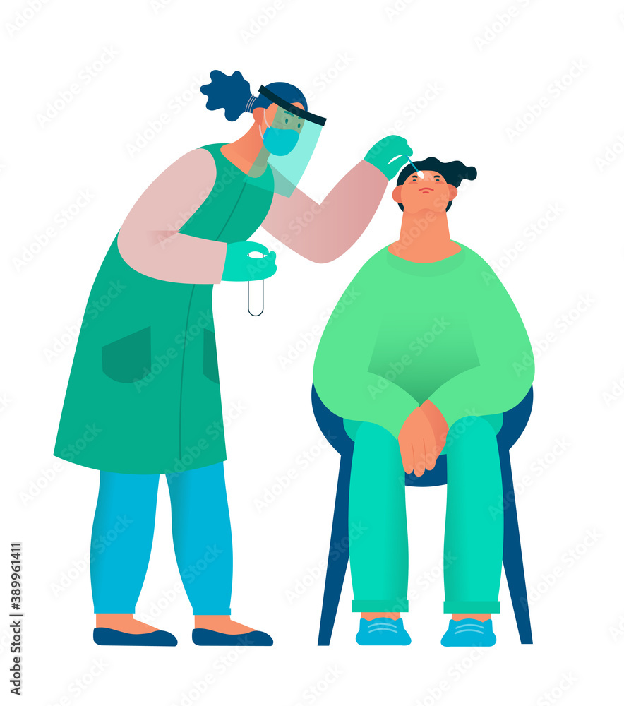 Healthcare worker with protective equipment performs coronavirus swab on Caucasian man. Nose swab probe. Coronavirus testing. Flat cartoon vector illustration.