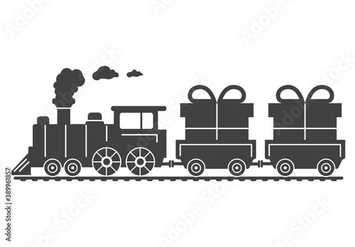 Black silhouette of a Christmas steam locomotive with gifts. Delivery of presents by rail.Vector flat illustration.Isolated on a blue background.