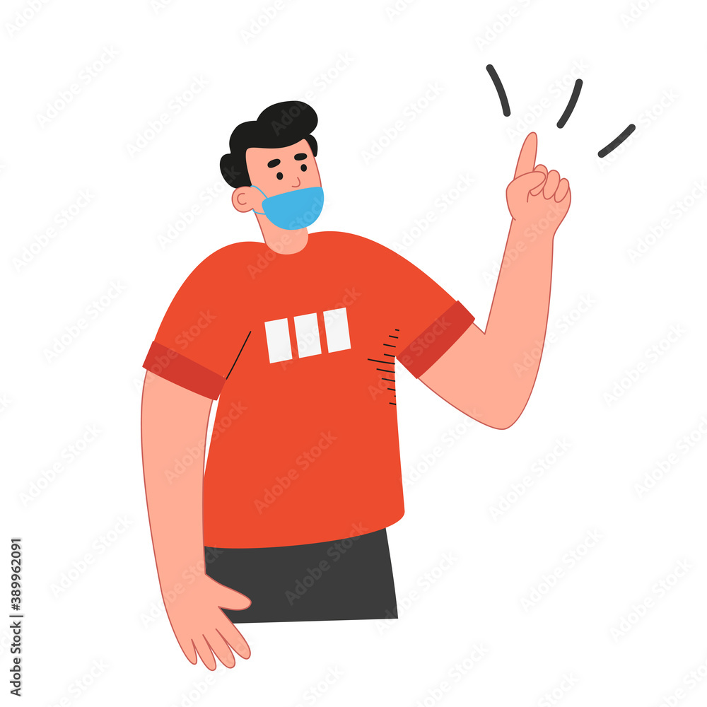 A man in a medical mask with a raised finger. Prevention important message. World pandemic. Vector illustration of illness
