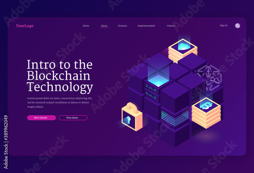 Intro to blockchain technology isometric landing page. Cryptocurrency mining concept with data center or server room blocks, bitcoin, shield, key hole on neon glowing background, 3d vector web banner