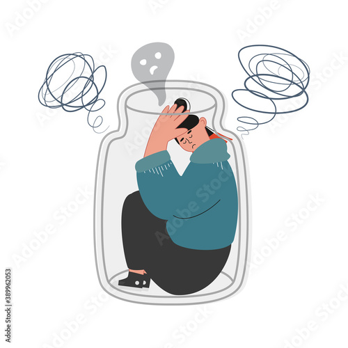 Depressed teenage girl. Sad depressed young woman in a glass dome, introvert sad teenager, one lady prisoner. Vector illustration of loneliness