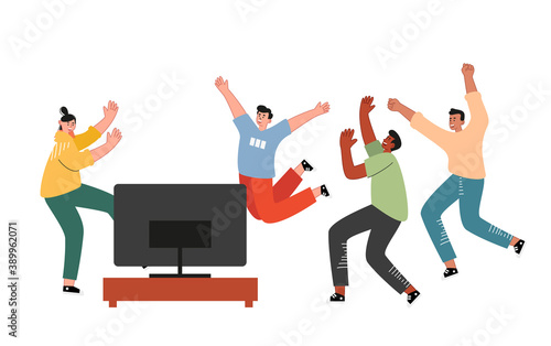 Young guys are watching a football match on TV and jumping with emotions. Football  hockey  sports broadcasts. Sports fans. Vector illustration