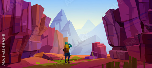 Traveler at mountains, travel journey, adventure. Tourist with backpack and map stand at rocky landscape look into the distance on high peak. Extreme hiking lifestyle, Cartoon vector illustration
