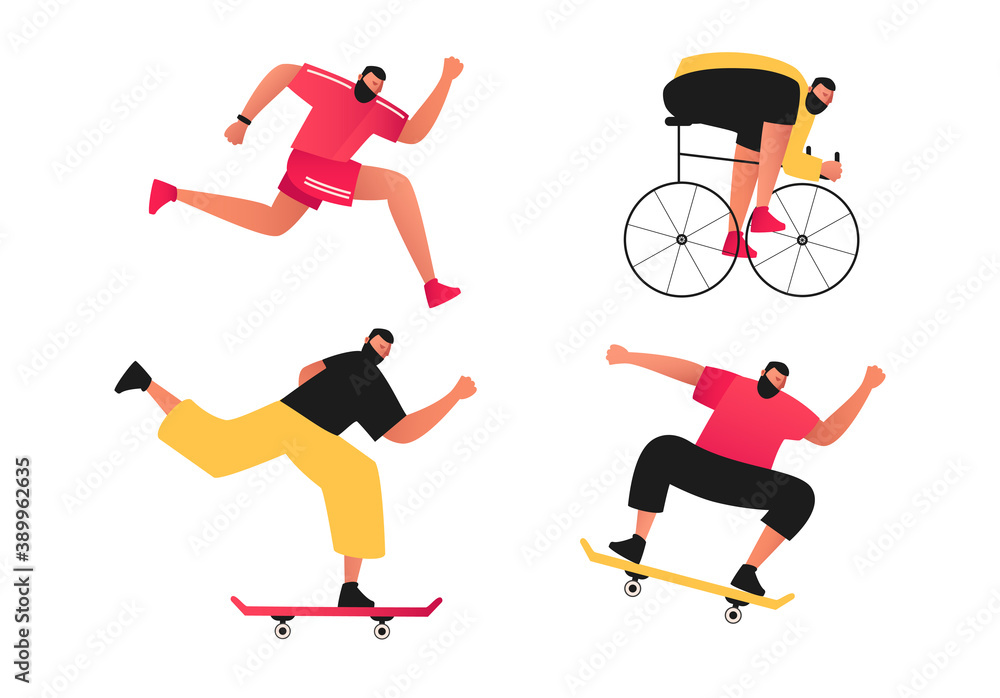 The man is engaged in active sports. Set of vector illustrations of outdoor sports. Skateboarding, cycle track, running, jumping