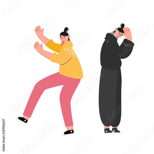 Bad and good mood concept. The girl is sad in depression, bowed her head. The girl is dancing, cheerful, in a good mood. Vector illustration of emotions and feelings of people