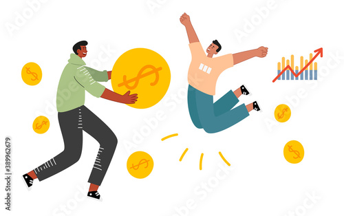 The guy holds a huge coin in his hands and the friend jumps for joy, tucking his legs under him. Excellent results in the investment portfolio and on the chart. The success of a startup. Vector illust