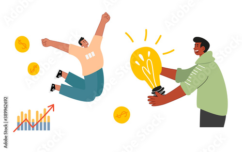 The guy jumps for joy, tucking his legs under him. A light bulb as a symbol of an idea. The result of a Successful investment. The success of a startup. Vector illustration of a business