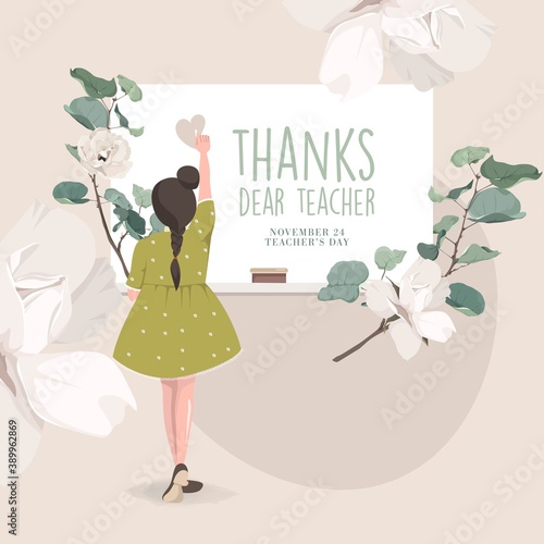 Thank You Teacher.  November 24, Teacher's Day. Cartoon, vector, study, flower, little girl, board.