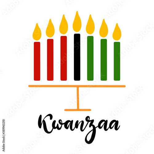 Happy Kwanzaa handwritten text for traditional african american ethnic holiday vector illustration. Concept design for greeting card with kinara and burning black, red, green colored candles. photo