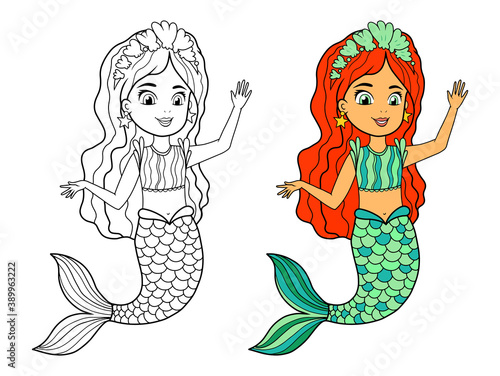 Vector coloring book with a mermaid. Black and white and color sample of the coloring page. A water girl with a fish tail, decorations of stars and shells waving her hand. Coloring book for children