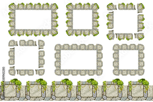 Set of seamless constructor old gray rock border and frames. Vector stone sidewalks with grass and liana branches, leaves for computer games isolated on white background.