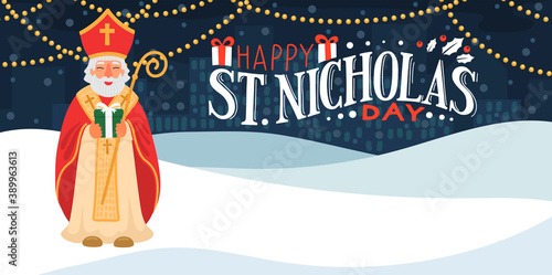 Saint Nicholas holding gift. St. Nicolas in the winter city with greeting lettering. 