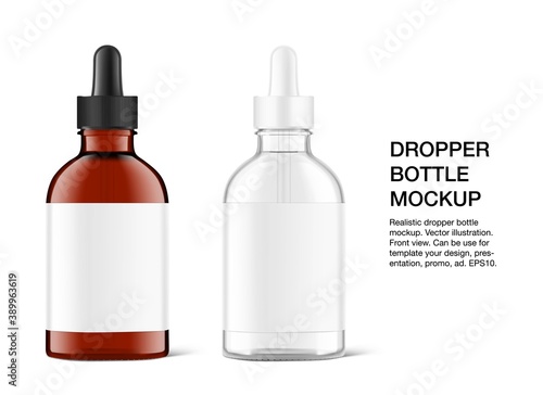 Realistic transparent and brown glass dropper bottle mockups. Vector illustration isolated on white background. Сan be used for cosmetic, medical and other needs. EPS10.	