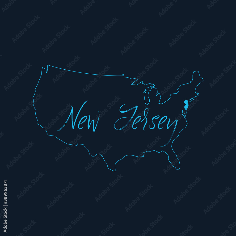 New Jersey state highlighted on United States of America map , USA infographics template. Stock vector illustration isolated on blue background.