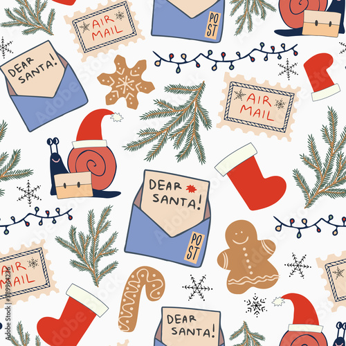 Vintage decorative seamless vector pattern of Christmas mail symbols