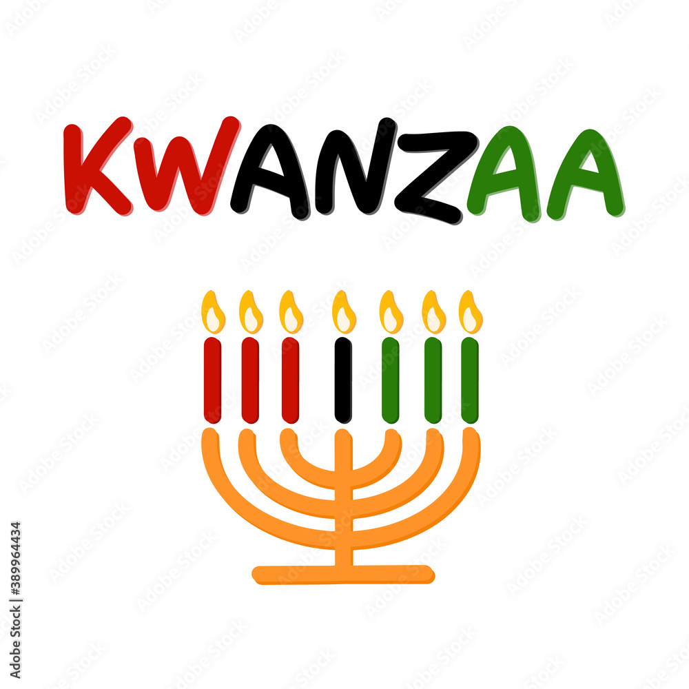 Happy Kwanzaa handwritten text for traditional african american ethnic holiday vector illustration. Concept design for greeting card with kinara and burning black, red, green colored candles. Happy Kwanzaa handwritten text for traditional african american ethnic holiday vector illustration. Concept design for greeting card with kinara and burning black, red, green colored candles.