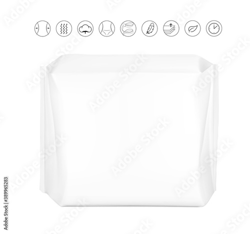 High realistic package bag with seam mockup. Front view. Vector illustration isolated on white background. Easy to use for presentation your product, design. EPS10.	