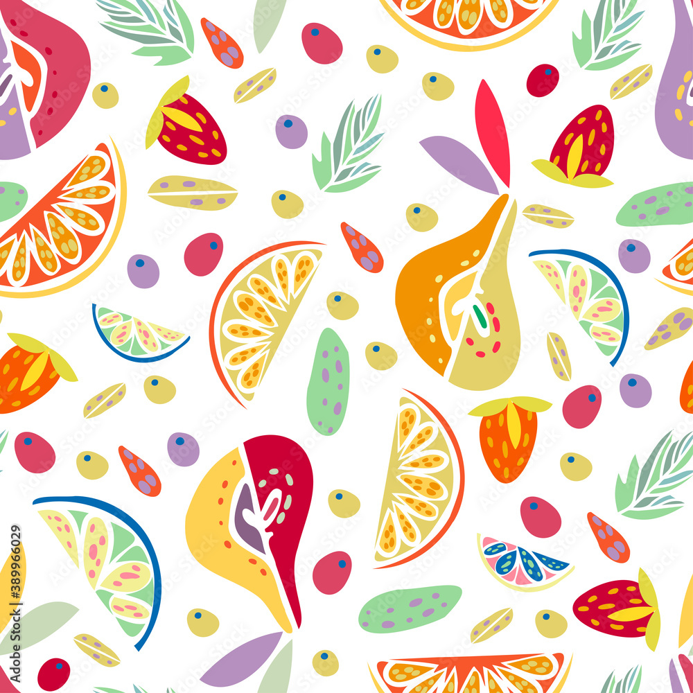 Modern seamless stylized design vector pattern with oranges and pears on white background