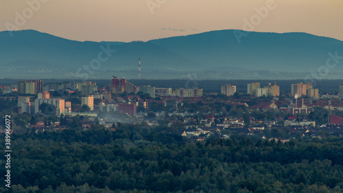 Panorama of the city of Tychy in Silesia. View of the mountains over the city buildings