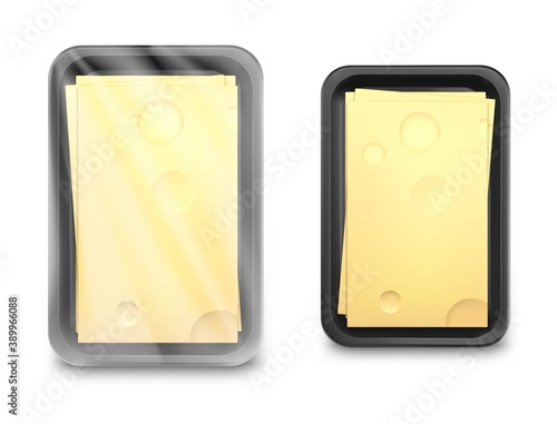 Tray container mockup with slice cheese. Vector illustration isolated on transparent background. EPS10	