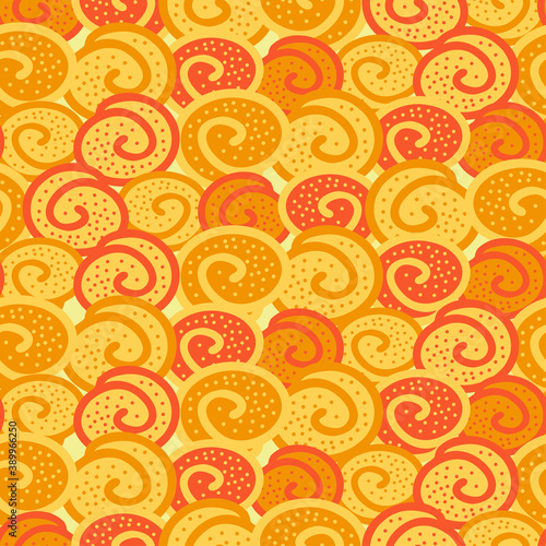 Seamless colorful vector pattern of hand drawn circle abstract doodles of sweet cinnamon rolls