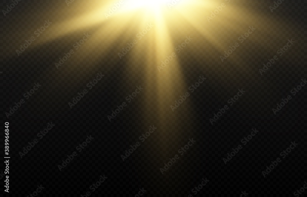 Vector light, sun, rays. Sunrise. A bright flash of light. The lights of a sun. Light png. Vector illustration.