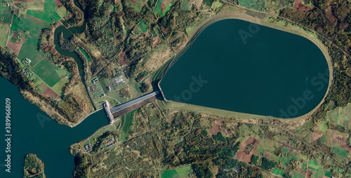 pumped storage hydropower plant, upper reservoir, lower reservoir and river, looking down aerial view from above – bird's eye view Kruonis Pumped Storage Power Station – Kaunas, Lithuania