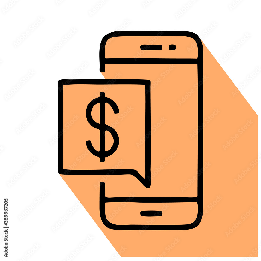 Mobile phone with money notification flat line icon. Online bank message sign Mobile phone with money notification flat line icon. Online bank message sign