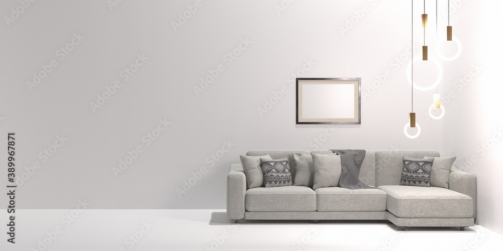 sofa and modern chandelier on a white wall background banner, copy space sofa and modern chandelier on a white wall background banner, copy space