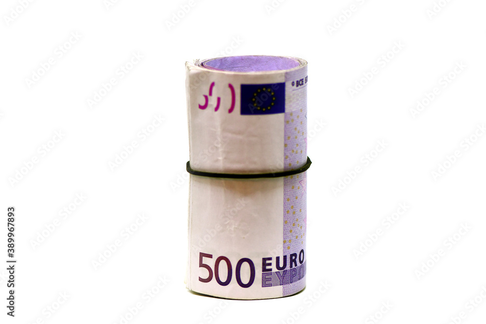 Roll of 500 euro money banknotes in rubber band Roll of 500 euro money banknotes in rubber band