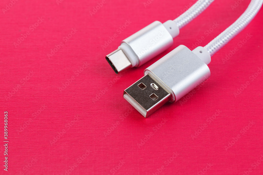 USB Data & Power Cable on red background. Close up USB Data & Power Cable on red background. Close up