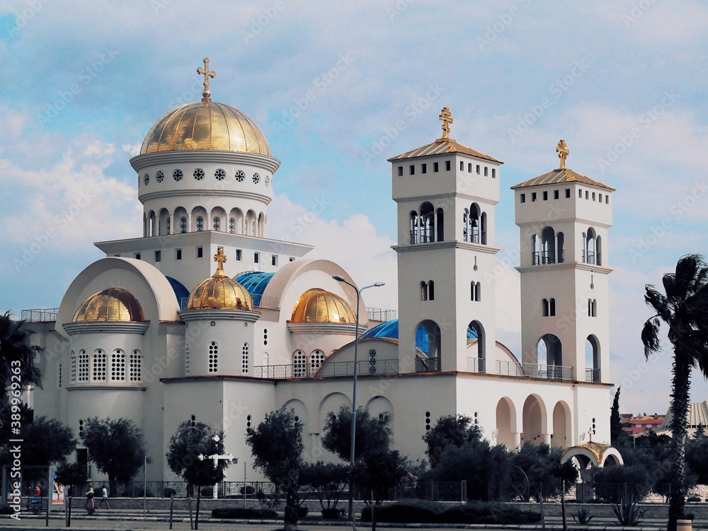 Modern orthodox church in white against the blue sky