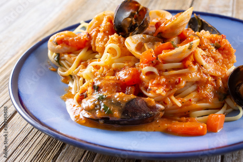 A view of a plate of linguine pescatore.
