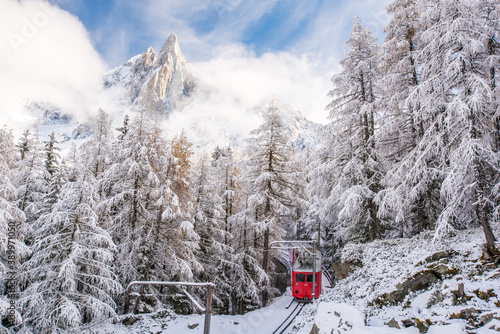 Autumn at Mer de Glace red train in Chamonix French Alps