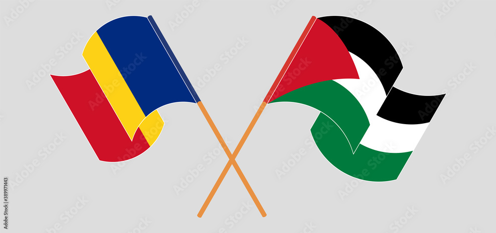 Crossed and waving flags of Palestine and Romania Crossed and waving flags of Palestine and Romania