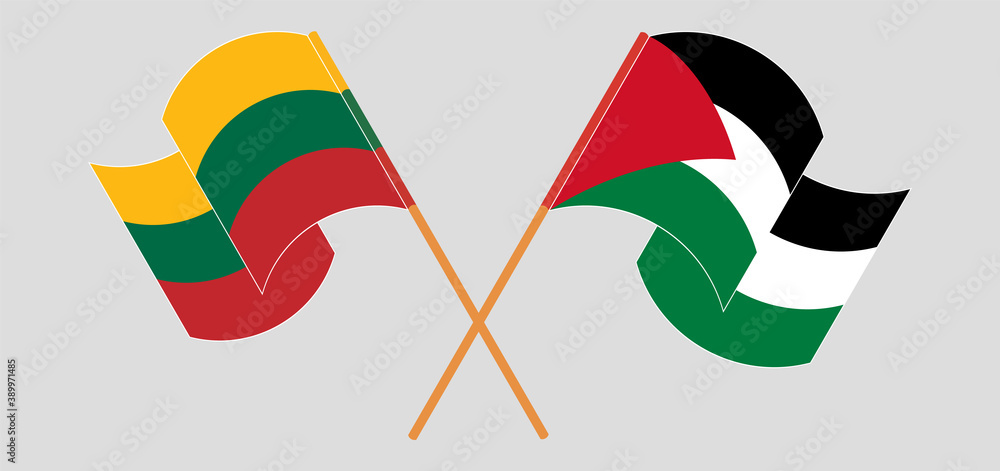 Crossed and waving flags of Palestine and Lithuania Crossed and waving flags of Palestine and Lithuania