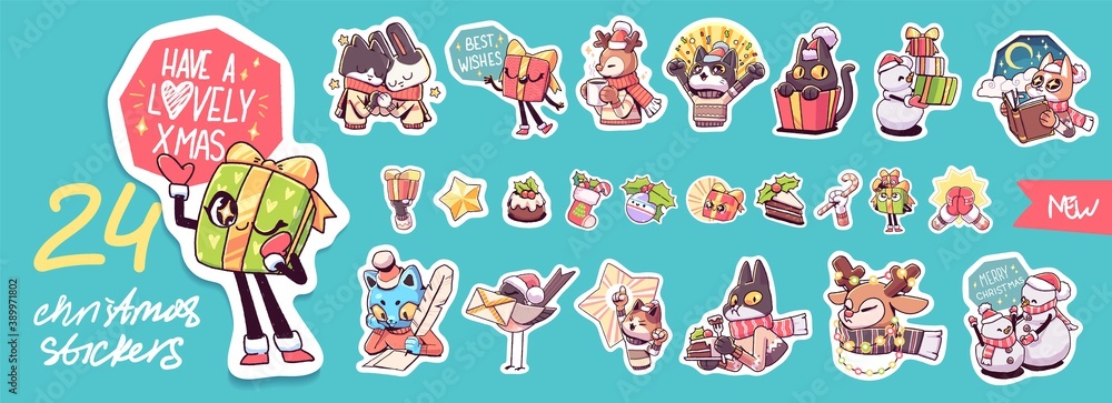 Fototapeta premium Set of Cute Merry Christmas and Happy New Year Characters. Vector