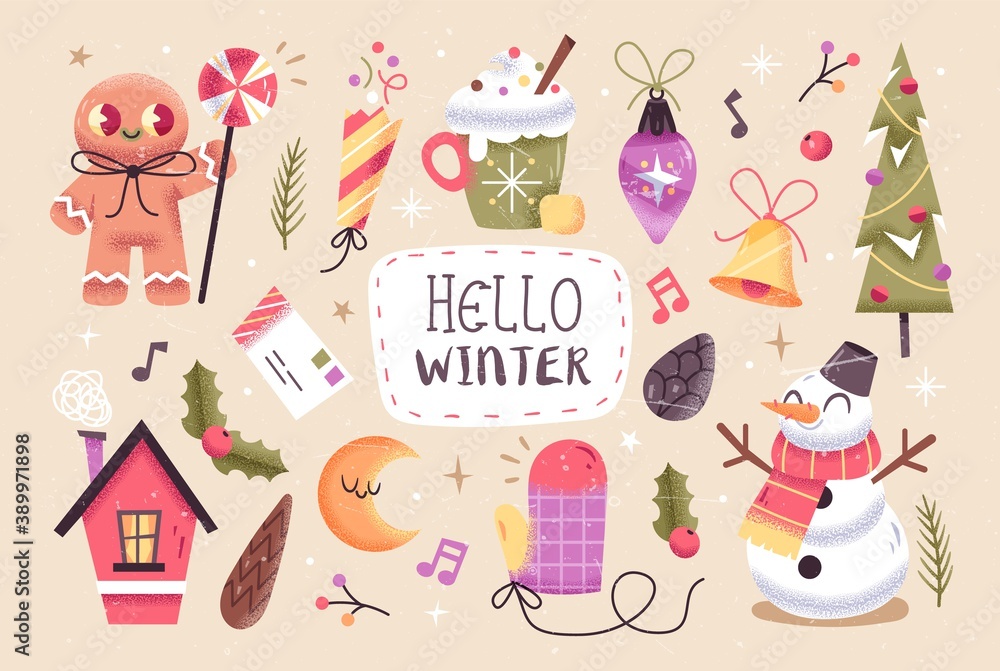 Set of Cute Merry Christmas and Happy New Year Illustrations or stickers. Festive christmas characters and objects. Vector Set of Cute Merry Christmas and Happy New Year Illustrations or stickers. Festive christmas characters and objects. Vector