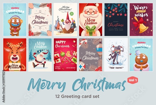 Set of Merry Christmas and Happy new Year greeting cards design with Christmas characters. Vector