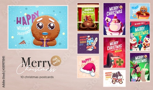 Set of Merry Christmas and Happy new Year greeting cards design with Christmas characters. Vector