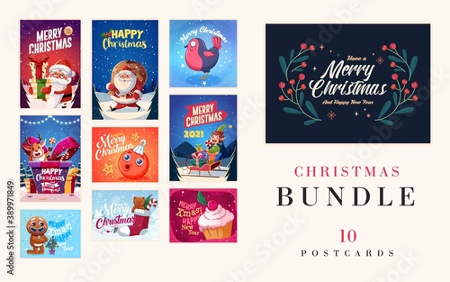 Set of Merry Christmas and Happy new Year greeting cards design with Christmas characters. Vector