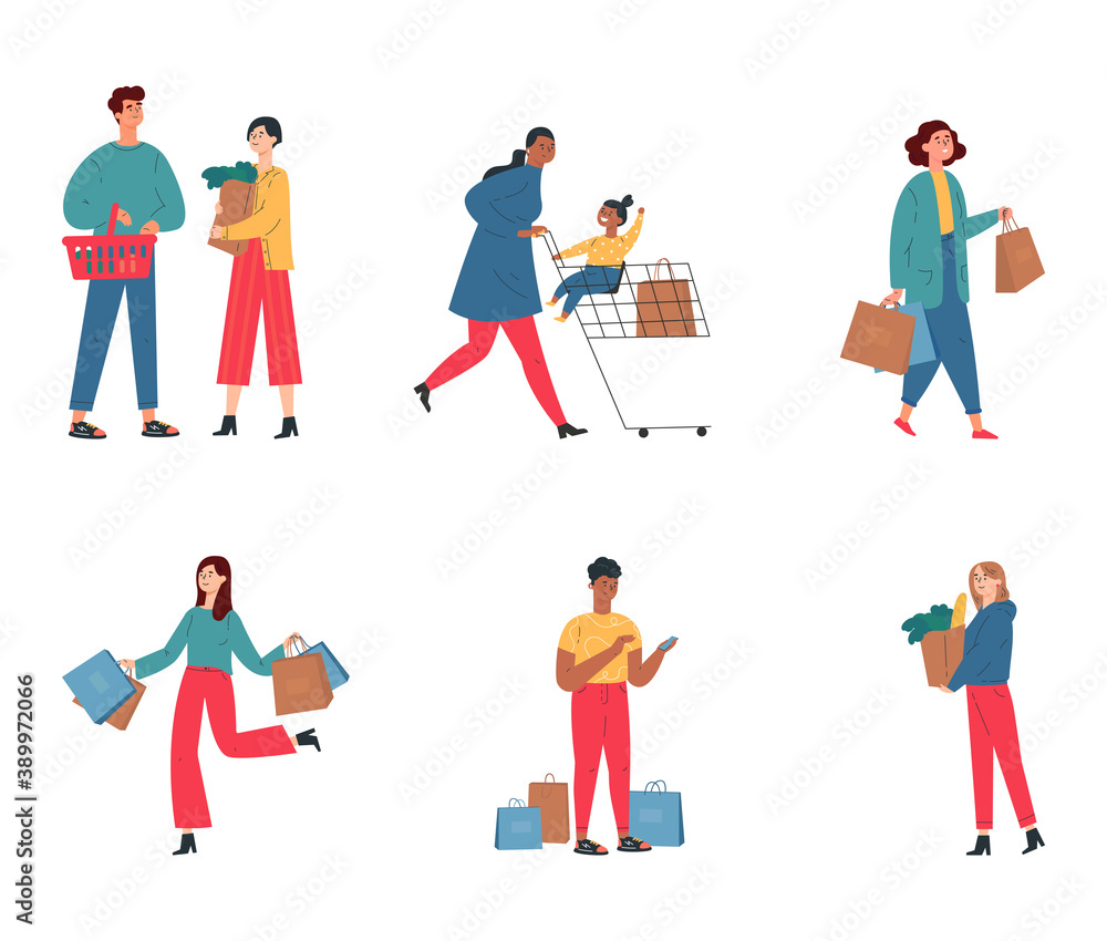Collection of happy people with shopping bags and carts. Set of different man, woman and child with trolley and shopping bag isolated on white.Young people taking part in seasonal sale at mall. 