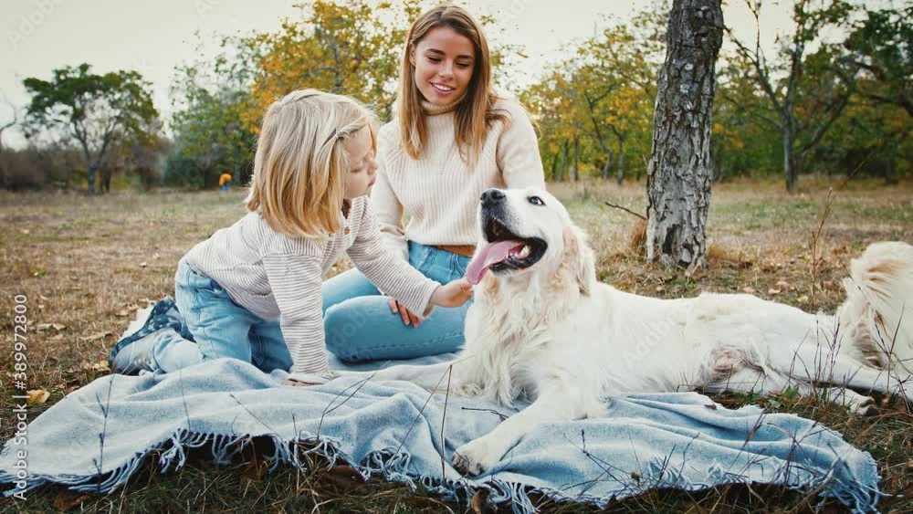 Young mommy and little daughter sitting on blanket at a glade of autumn park, smiling and stroking their funny dog Young mommy and little daughter sitting on blanket at a glade of autumn park, smiling and stroking their funny dog